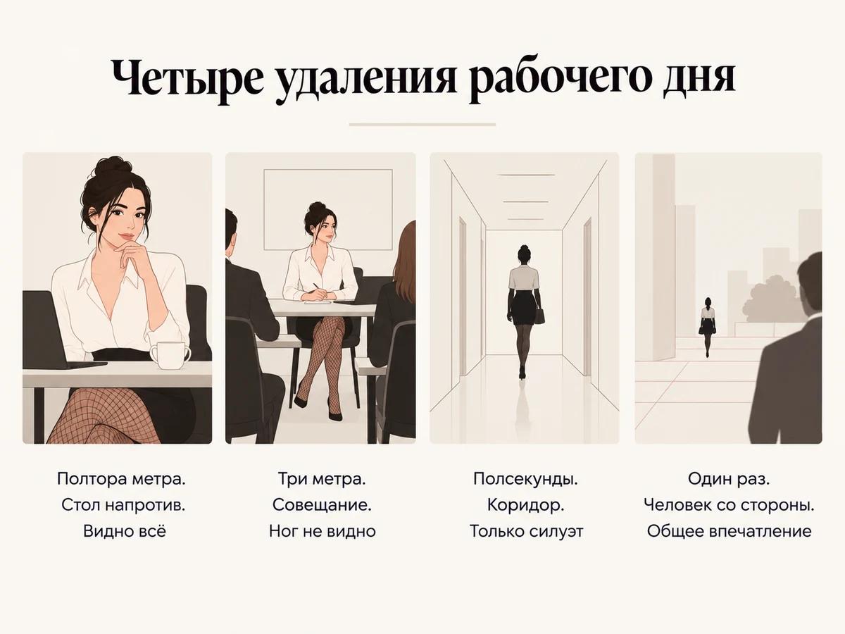 Схема четырёх удалений рабочего дня: полтора метра, три метра, полсекунды в коридоре и взгляд человека со стороны