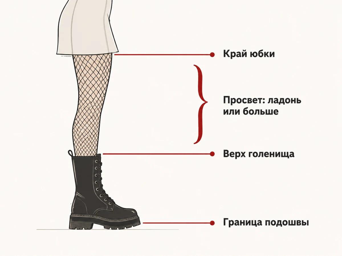 Схема низа образа: край юбки, просвет, верх голенища и граница подошвы как три горизонтали