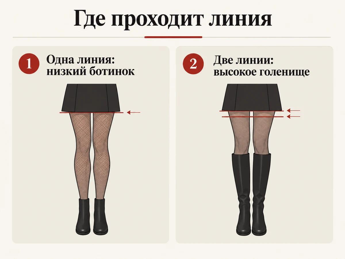 Схема: слева одна горизонтальная линия на образе, справа две близкие линии от юбки и высокого голенища