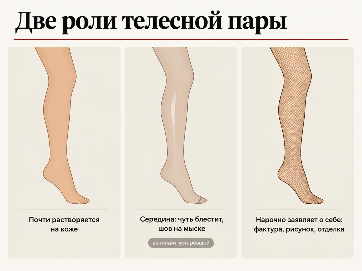 Схема: телесная пара растворяется на коже или заметна нарочно, а середина с блеском и швом выглядит устаревшей