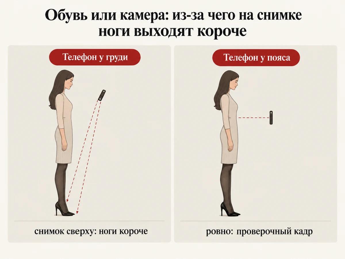 Схема: телефон у груди снимает ноги сверху, телефон у пояса держат ровно для проверочного кадра