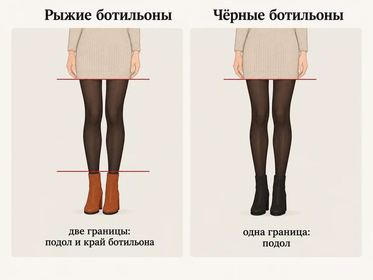Схема: с рыжими ботильонами ногу пересекают две границы, с чёрными остаётся одна, по подолу