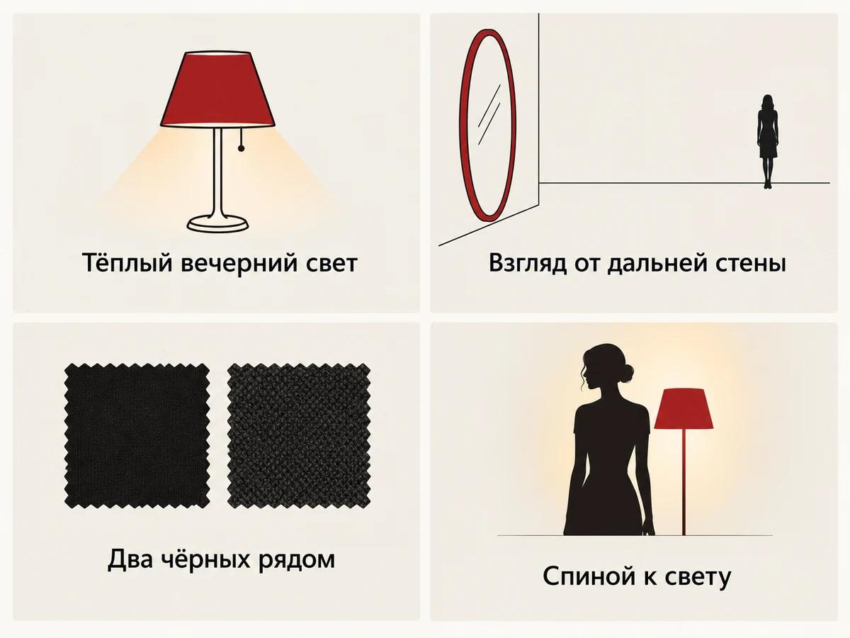 Схема домашней проверки образа: тёплый свет, взгляд от дальней стены, два чёрных рядом, спиной к свету