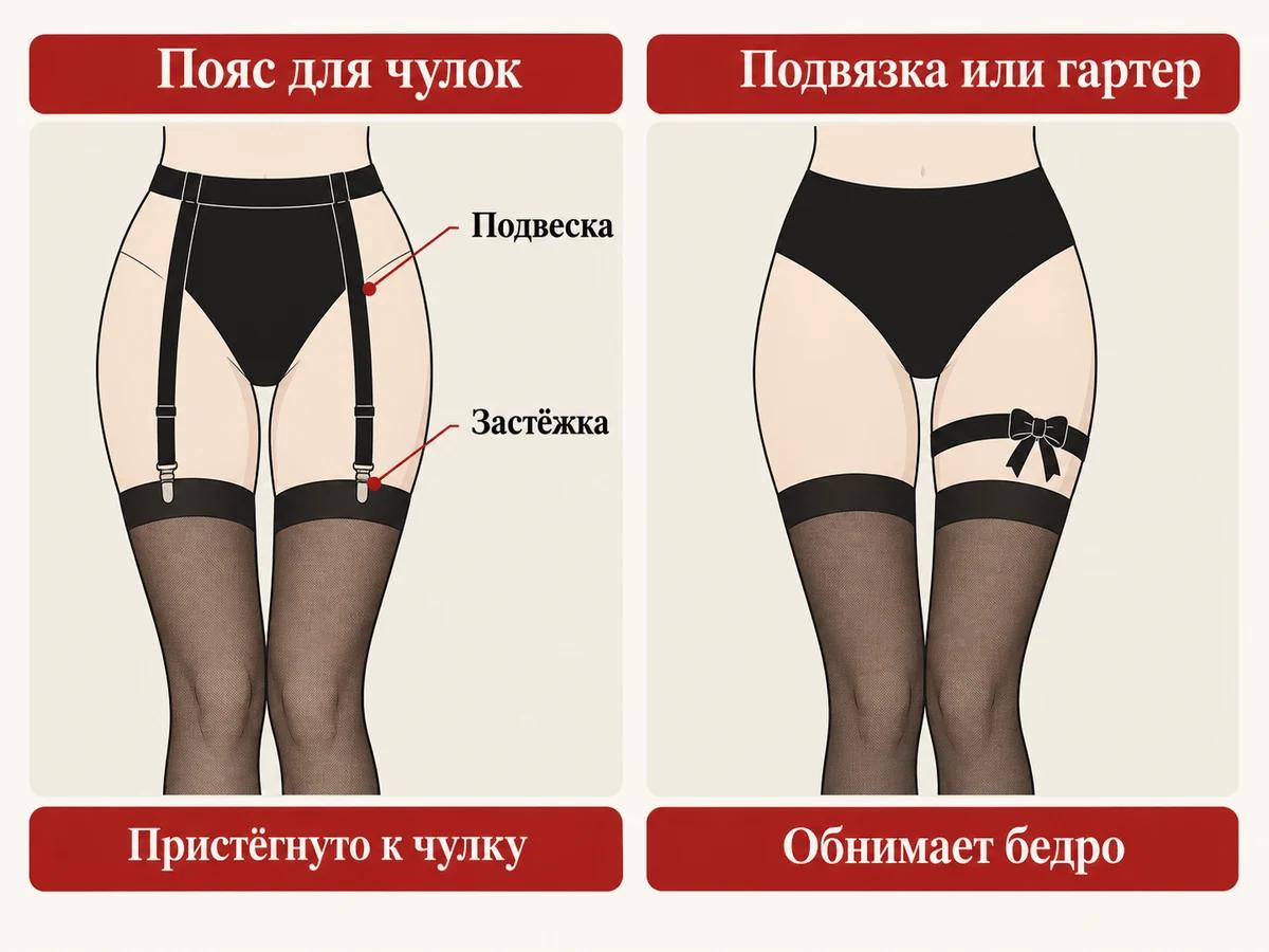Схема: подвеска пояса пристёгнута застёжкой к чулку, подвязка обнимает бедро и ни к чему не пристёгнута