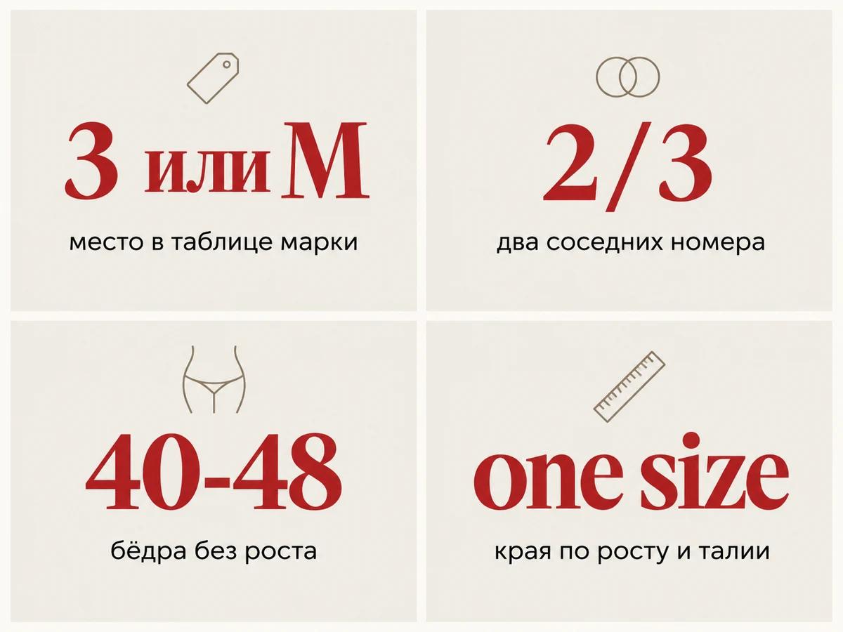 Схема: четыре записи размера колготок - 3 или M, 2/3, 40-48 и one size - и что значит каждая