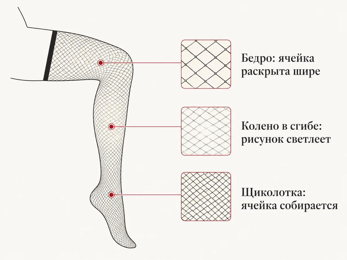 Схема поведения ячейки сетки по ноге: бедро, согнутое колено и щиколотка