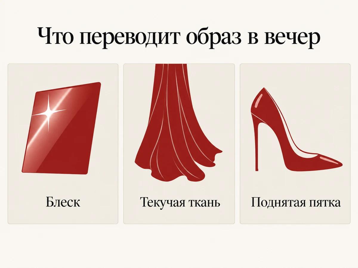 Схема из трёх карточек: блеск, текучая ткань и поднятая пятка переводят образ в вечер