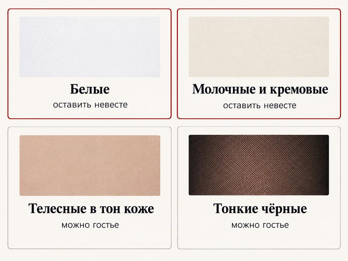 Схема: белые, молочные и кремовые колготки оставить невесте, телесные в тон коже и тонкие чёрные можно гостье