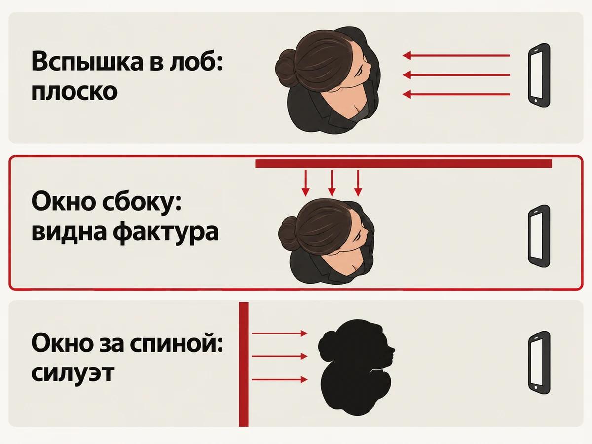 Схема света сверху: вспышка в лоб даёт плоский кадр, окно сбоку фактуру, окно за спиной силуэт