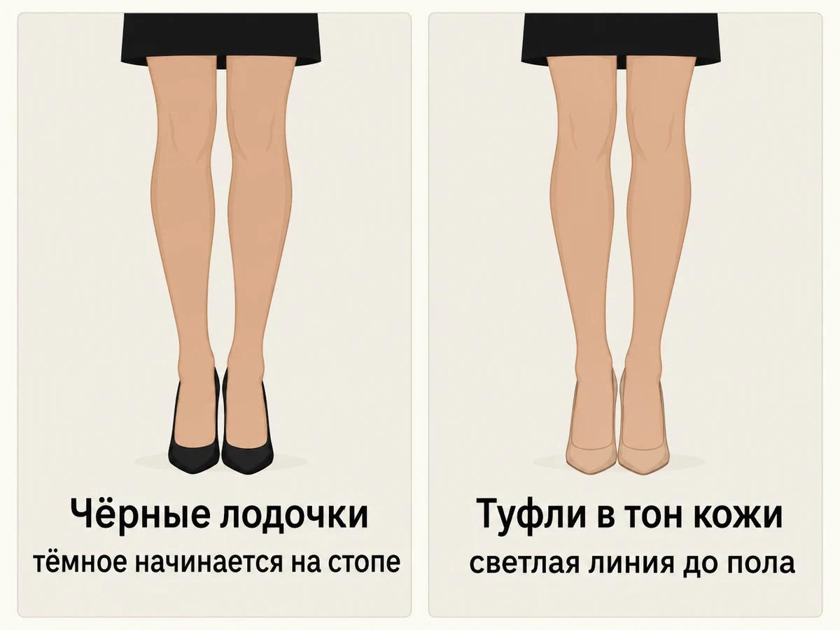 Ноги в телесных колготках под чёрным платьем: в чёрных лодочках и в туфлях в тон кожи
